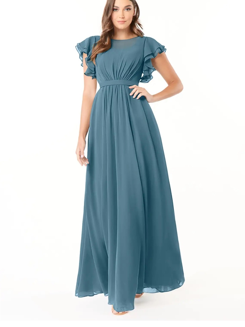 Azazie Slate Blue Ruffle Sleeve Chiffon Gown
